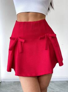 Chiquease 女士优雅A字蝴蝶结荷叶边迷你裙，梭织面料，休闲可爱，显瘦，适合庆典、情人节、返校季，纯色 - 紅色 - 查看 6