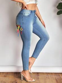 SHEIN SXY Women's Low Rise Slim Fit Stretchy Denim Jeans, Sexy Skinny Leg, Colorful Strap Belt, Summer - Blue - View 3