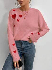 Chiquease European & American Stylish Heart Embroidery Pattern Faux Mink Loose Fit Casual Pullover Sweater, For Valentine's Day/Autumn/Winter