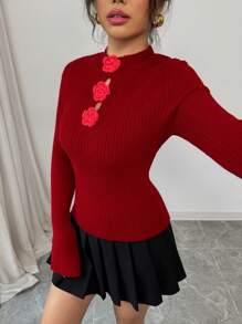 Chiquease Women's Handcrafted Crochet Flare Sleeve Fitted Red Sweater, New Year Style Knit Pullover Fall Winter Sweater - Red - View 4