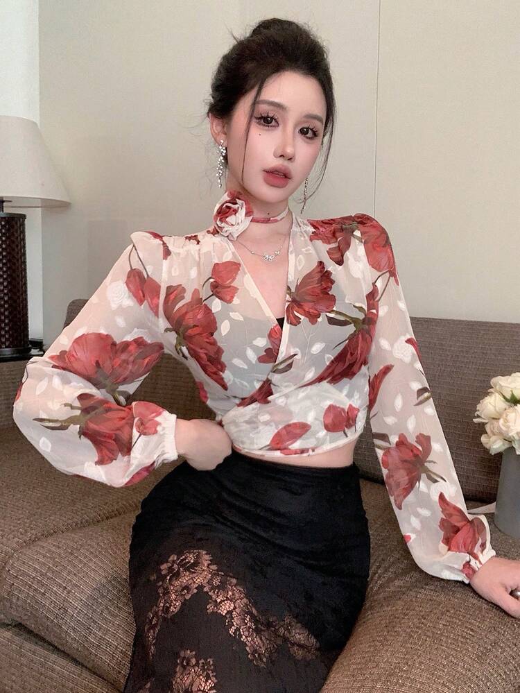 Women's Floral Print V-Neck Puff Sleeve Simple Casual Blouse,Fall Women Clothes Long Sleeve Top Going Out Tops Women