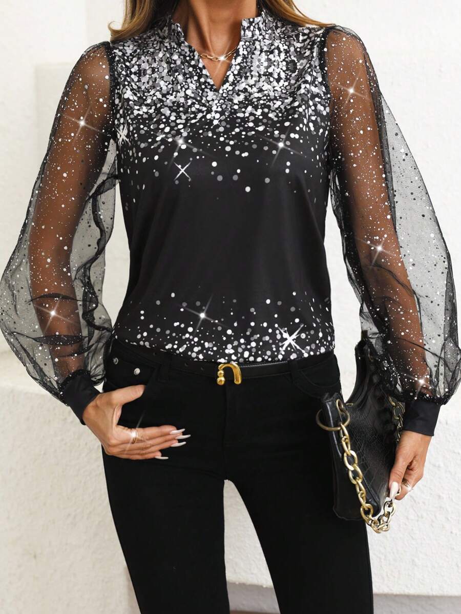 SHEIN Clasi Áo thun tay bồng in họa tiết ánh bạc kim loại - màu đen - Xem 1