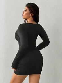 INAWLY Plus Size Women Elegant Sexy Wave Collar Ruched Long Sleeve Mini Dress - Black - View 2