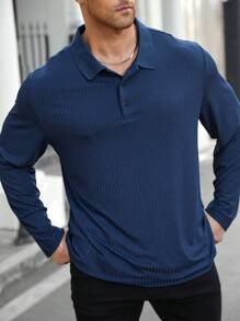 Manfinity CasualCool Plus Size Men Plain Button-Up Long Sleeve Casual Polo Shirt