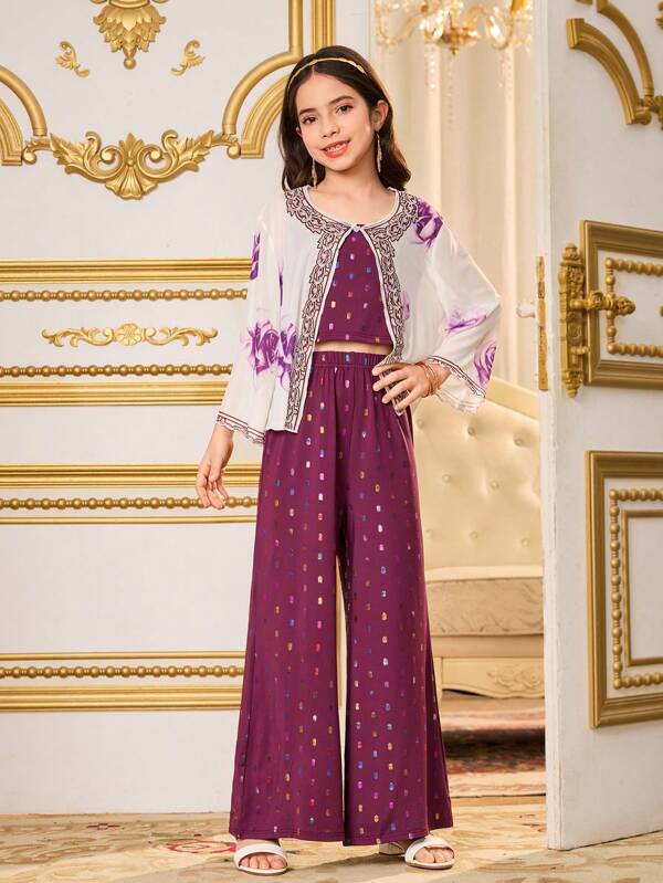 SHEIN Conjunto de 2 piezas: Camiseta de niña preadolescente de tela con lámina y pantalones con cubierta estampada