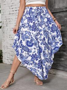 SHEIN VCAY Plus Size Holiday Blue & White Mixed Retro Print Drawstring Waist Asymmetrical Hem Boho Loose Casual Beach Skirt, Western Wear For Women, Festival, Boho, Hippie, Cowgirl Outfit, Bohemian, Summer Outfits For Women, Beach, Summer Clothes For Women, St. Patrick's Day Outfit, Spring Outfits For Women