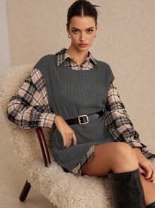 SHEIN Frenchy Plaid Drop Shoulder Blouse & Vest Without Belt Vintage Style Winter Casual - Grey - View 5
