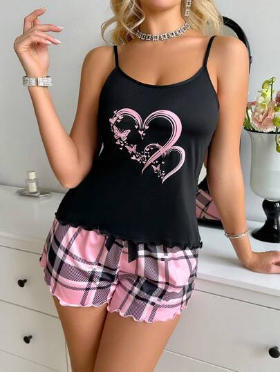 ZzzCrew Butterfly Heart Plaid Print Camisole Shorts Pajama Set Women view 4