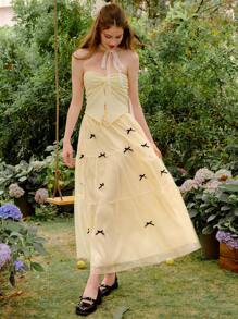 SHEIN Váy đơn giản trang trí nơ thường ngày cho bé gái tuổi teen - Màu be - Xem 8