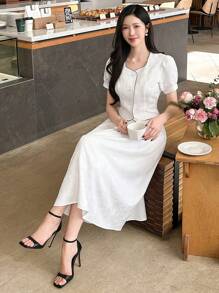 DAZY 2pcs/Set Women's Contrast Color Textured Puff Sleeve Shirt And Skirt, Occasion Outfit - Beige - View 3
