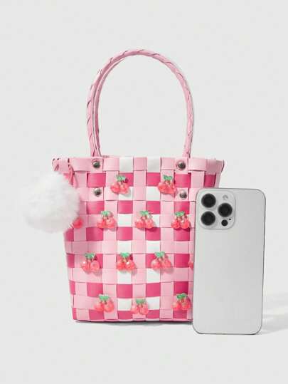 Kawaii Fashionable Checkerboard Woven Cherry Decor Handbag