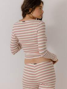 Aralina 休闲针织裹身前条纹睡衣短款上衣（配发带）