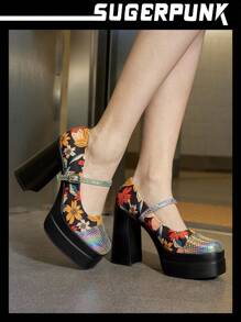 Sugerpunk Women's Floral Print Laser Glossy Pointed Toe Black Platform High Heel Pumps, Suitable For Daily, Gathering, Party