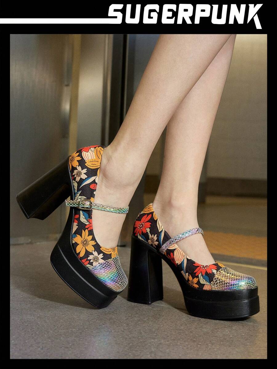 Sugerpunk Women's Floral Print Laser Glossy Pointed Toe Black Platform High Heel Pumps, Suitable For Daily, Gathering, Party