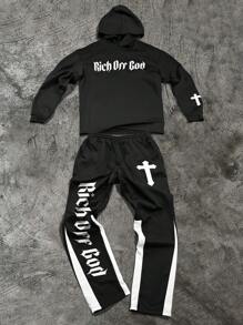 Manfinity EMRG 男士休闲十字字母印花抽绳连帽衫和运动裤套装