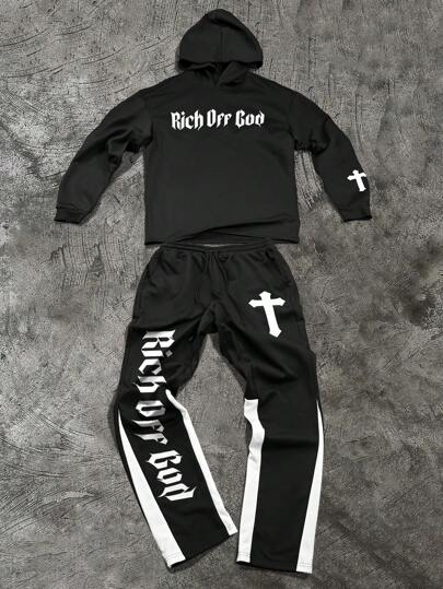 Manfinity EMRG 男士休闲十字字母印花抽绳连帽衫和运动裤套装