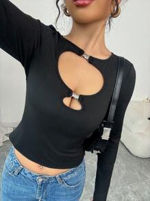 Modelyn 女士黑色针织短款金属纽扣 T 恤 - 黑色 - 查看 5