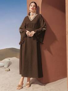 Al Najma 女士土耳其风格和阿拉伯传统长裙，朴素的卡夫坦 - 咖啡棕 - 查看 3
