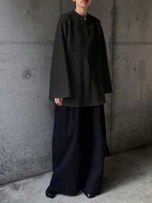 FRIFUL 女士纯色前拉链长袖休闲宽松T恤，秋季服装 - 黑色 - 查看 2