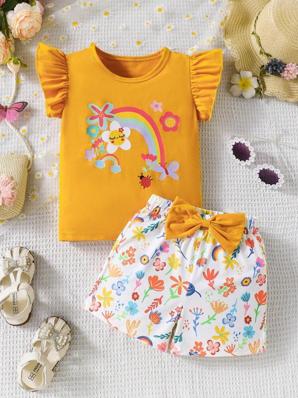 SHEIN 2pcs Young Girl Casual Rainbow Floral Pattern Sleeveless Yellow T-Shirt And Bow Decor Rainbow Shorts Set, Suitable For Everyday Wear And School, Summer Summer Holiday