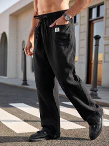 Manfinity Homme Men's Solid Color Front Tie Pocket Casual Long Pants, Simple Style For Daily Wear - Black - View 1