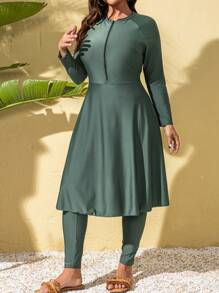 Swim Mulvari Plus Size Solid Color Front Zipper Long Sleeve Casual Top & Pants Burkini Set, For Summer Beach VacationArabic Clothing