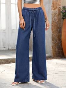 SHEIN Essnce 女士休闲抽绳腰阔腿牛仔裤 - 深色水洗藍 - 查看 1
