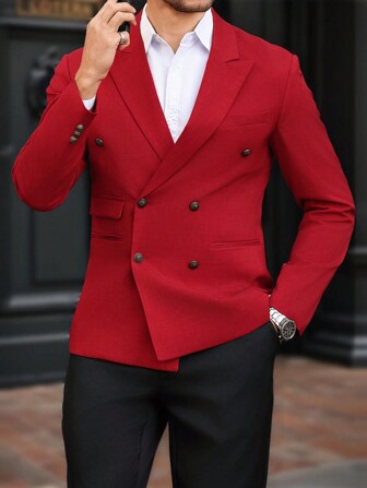 Manfinity Mode Plus Size Men's Solid Color Lapel Neck Double Breasted Long Sleeve Suit Jacket