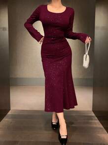 DAZY Round Neck Sequin Fishtail Mid-Length Burgundy Party Dress For Women, Suitable For Dates & Occasions,Fall Clothes Long Sleeve Dress Luxury Prom Dress Sparkly Dress - Burgundy - View 4