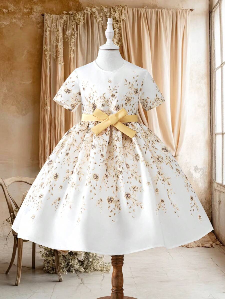 O novo vestido de manga curta com gola redonda e estampa digital para pré-adolescentes, combinado com cinto de laço, já está no mercado. É confortável, moderno, elegante, doce e fofo, no estilo de uma princesa ou socialite, e é um look essencial para passeios diários. - Multicolorido - Ver 1