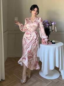 DAZY Damen V-Ausschnitt Rüschen Saum gebundenes Blumen Midi Kleid Abendkleid, Herbstkleid Langarm Kleid Elegante Damenkleider - Pink - Übersicht 8