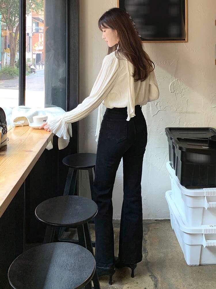 Women V-Neck Flare Sleeve Long Sleeve White Blouse, Textured Fabric, Spring/Summer/Autumn,Ruffle