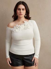 Anewsta Plus Size Solid Color Oblique Shoulder Long Sleeve Floral Decor Minimalist T-Shirt Spring For Women - Beige - View 6