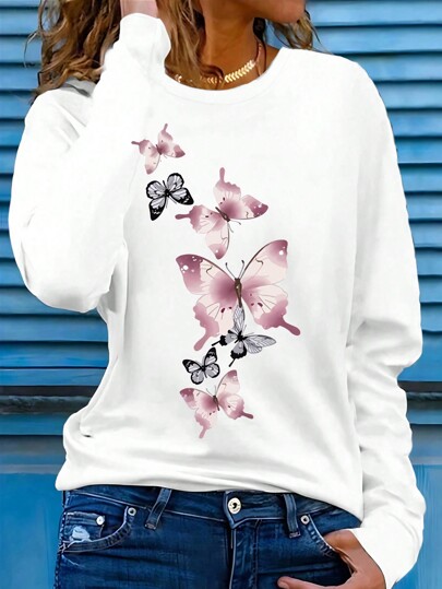 INAWLY Standard Fit Butterfly Print Round Neck Casual Versatile Long Sleeve T-Shirt Graphic Tees Women Tops For Spring Fall Cloth For Women
