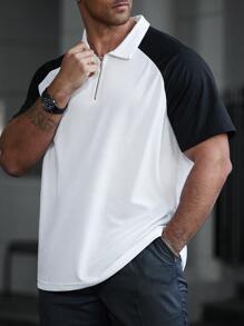 Manfinity CasualCool Plus Size Men's Colorblock Front Zipper Short Sleeve Casual Polo Shirt, For Golf