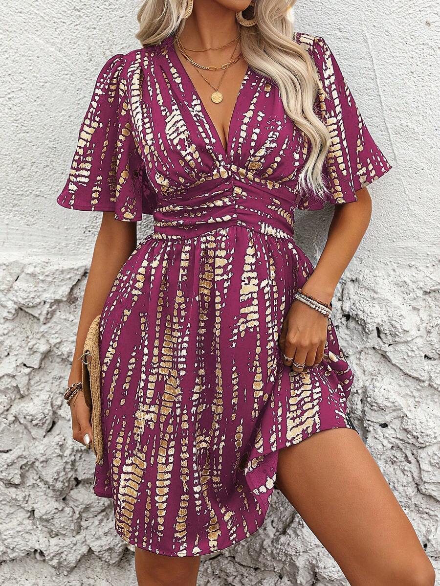 Breezaya 扎染荷叶边袖腰部中长连衣裙度假海滩装女装 - 中紫紅色 - 查看 1