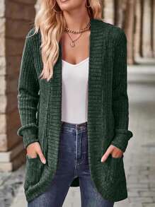 SHEIN LUNE Women's Solid Color Long Sleeve Pocketed Open Front Casual Lightweight Jacket - Dark Green - View 5