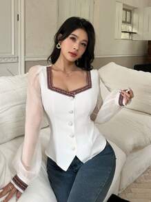 Chiquease Women's Ribbon Trim Chiffon Sleeve Buttoned Square Neck Mid East Ramadan Shirt - White - View 3