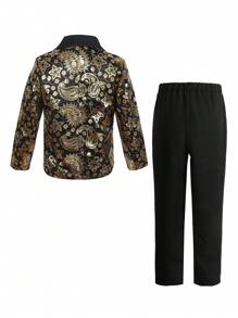SHEIN 2pcs Young Boys Gentleman Fashion Set: 1 Black Base Gold Foil Print Long Sleeve Blazer Jacket With Minimalist Lapel Design And Decorative Faux Pockets, 1 Elastic Waist Formal Suit Pants. Elegant And Noble Style Suitable For Birthday Party, Ceremony, Wedding, Wedding Guest, Ring Bearer, Page Boy - Black - View 2
