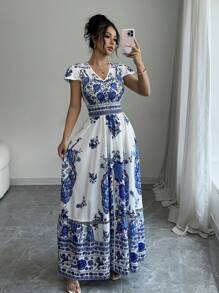 Chiquease V-Neck Floral Print Waisted Split Flare Dress For Vacation - Blue - View 1