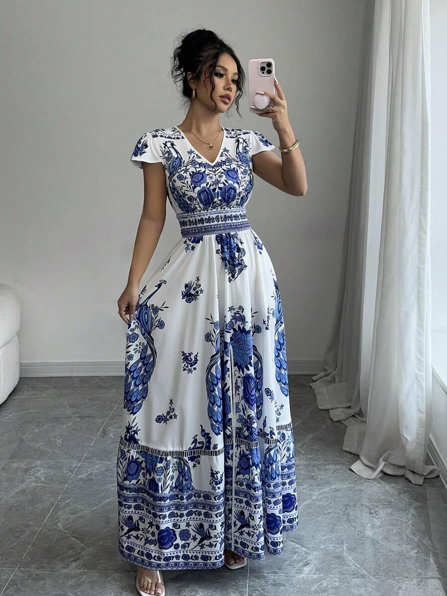 Chiquease V-Neck Floral Print Waisted Split Flare Dress For Vacation - Blue - View 1