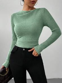 RosyDaze Body de gola alta com babados e mangas compridas de cor sólida