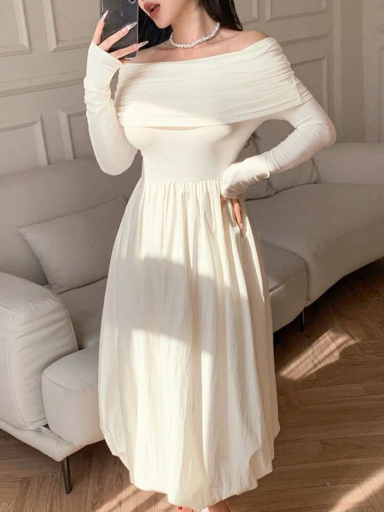 Off Shoulder Peplum Midi Dress, Chic Bodycon Design Elegant For Date Night,Fall Dress Long Sleeve Dress