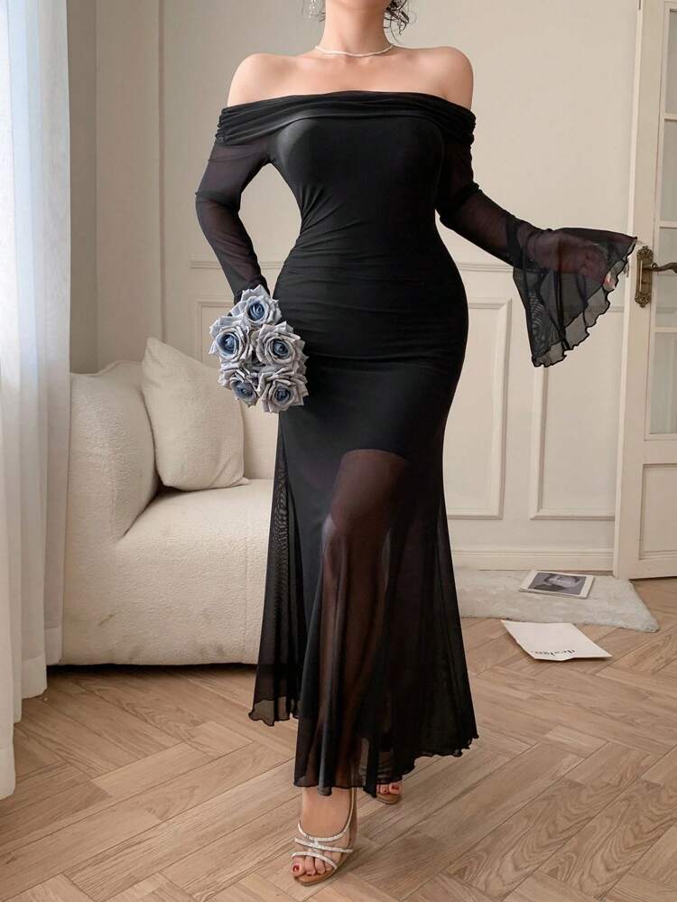 Sheer Mesh Patchwork Off-Shoulder Flare Sleeve Sexy Bodycon Mermaid Midi Dress For Women