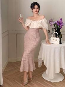 DAZY Color Blocking Off Shoulder Fitted Mermaid Hem Midi Dress For Women Elegant,Ruffle Cocktail Dress - Pink - View 4