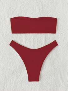 Swim Mod Springbreak Solid Color Bandeau Bikini Set, Vacation Beach - Burgundy - View 2