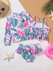 SHEIN Leap Crew 3pcs/Set Young Girl Knitted Ditsy Floral Collar Jacket, Camisole And Shorts Swimwear Set, Suitable For Spring And Summer, Perfect For Vacations - Multicolor - View 2