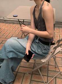 DAZY 女式宽松做旧洗水牛仔长牛仔裤，街头风格，宽松牛仔裤 - 藍色 - 查看 3