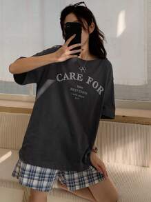 DAZY 2pcs Women's Loose Plaid Shorts Sleepwear Set With English Letter Print Pajama - Grey - View 7