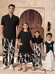 Manfinity VCAY 2pcs Set Men Casual Daily Knit Short Sleeve Shirt & Elastic Waist Straight Leg Pants, Relaxed Fit - Black - View 2